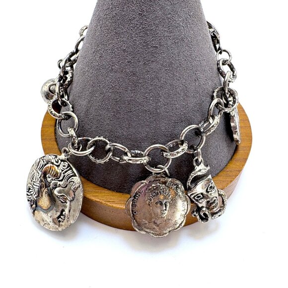 Antique Heavy Sterling Silver Victorian Style Charm Bracelet 6 Charms 8